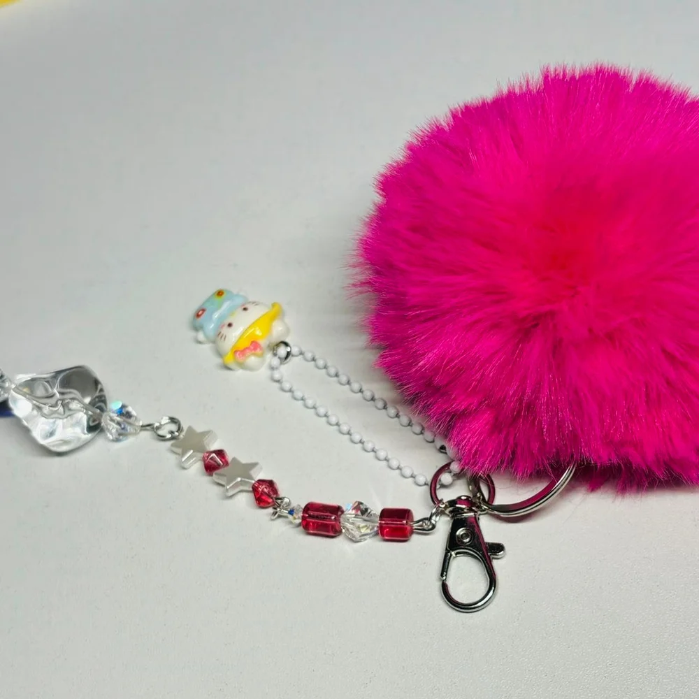 Unique handmade Hello Kitty hot pink poof ball keychain with vintage beads
